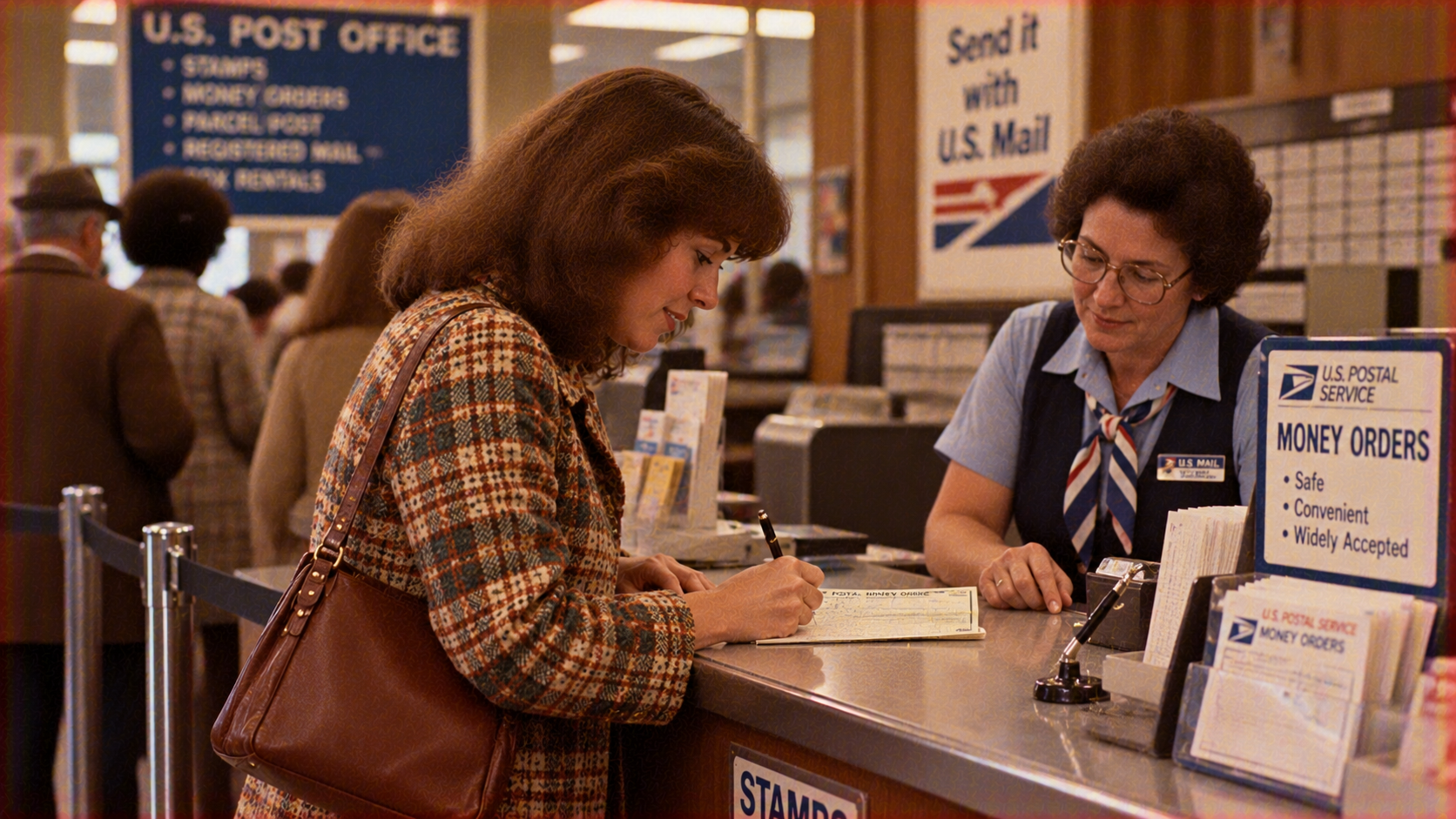 A woman in a plaid coat fills out a form at a U.S. Post Office counter while a postal clerk in uniform assists her.