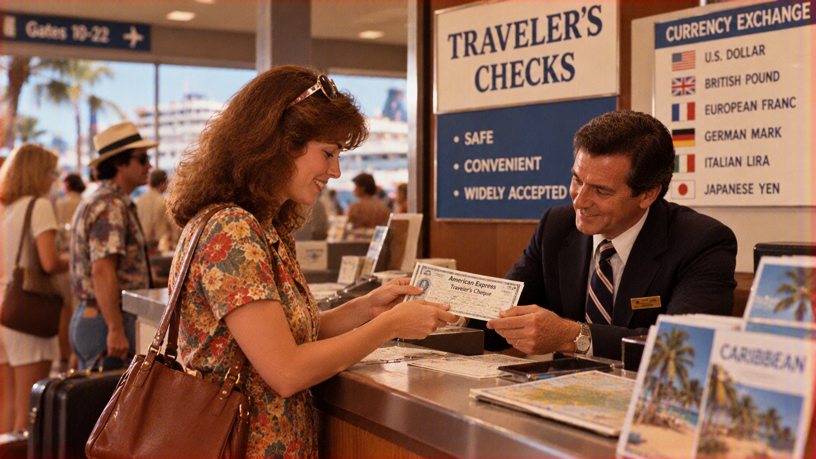 A woman in a floral dress hands an American Express traveler’s cheque to a bank teller at an airport currency exchange counter.
