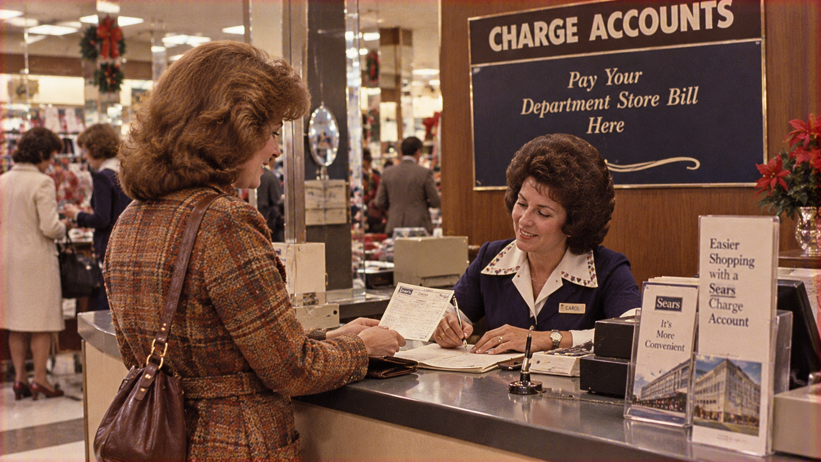 A woman at a department store charge account desk hands a form to a clerk named Carol, with signage nearby promoting Sears charge accounts.