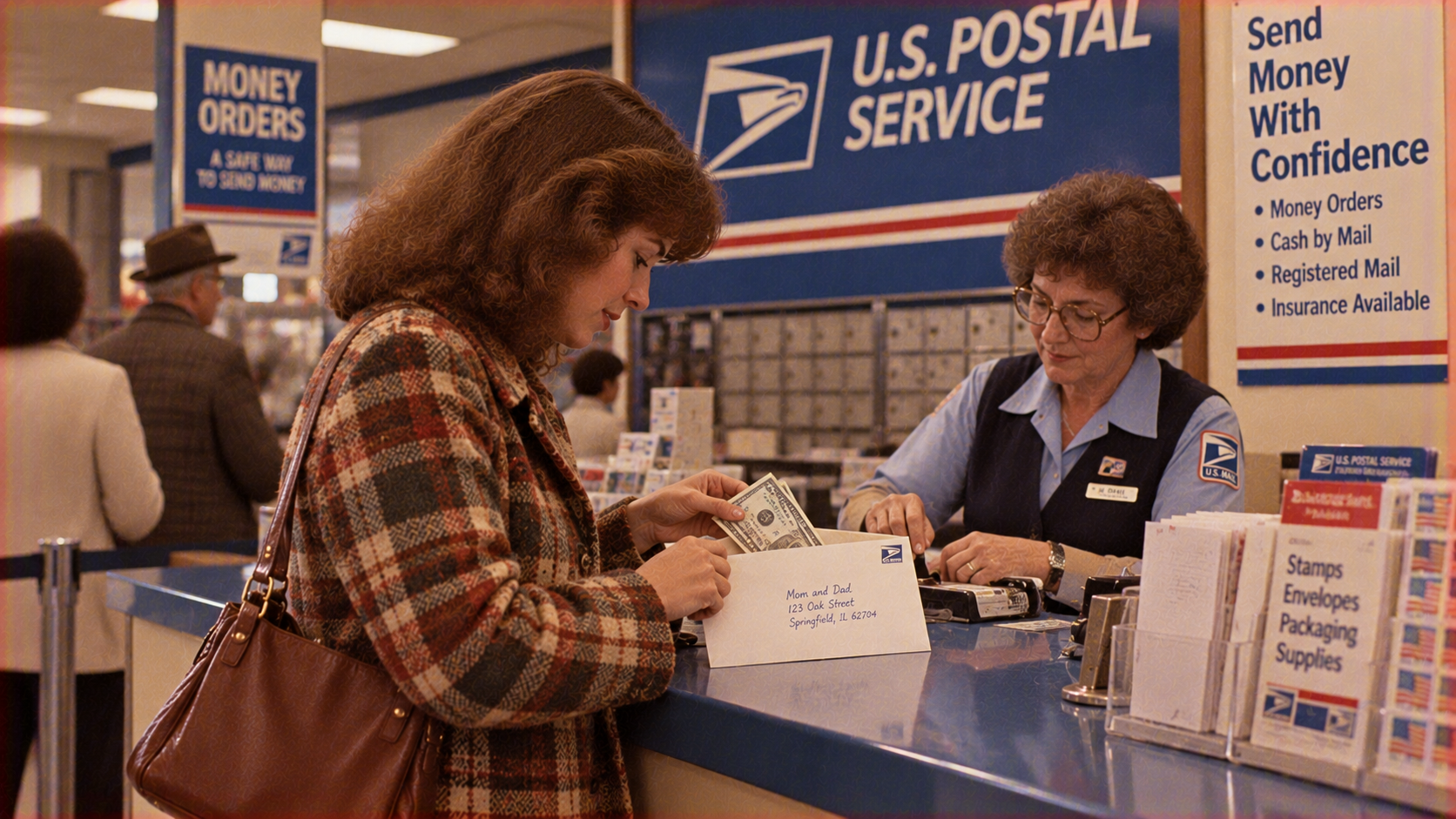 A woman at a U.S. Postal Service counter hands an envelope addressed to “Mom and Dad” to a postal clerk.