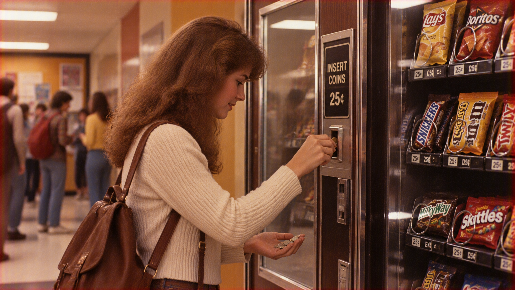 A woman inserting a coin into a vending machine filled with snacks.