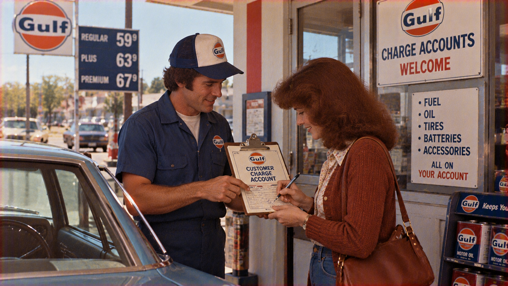 A Gulf gas station attendant holds a clipboard for a customer to sign a charge account form.