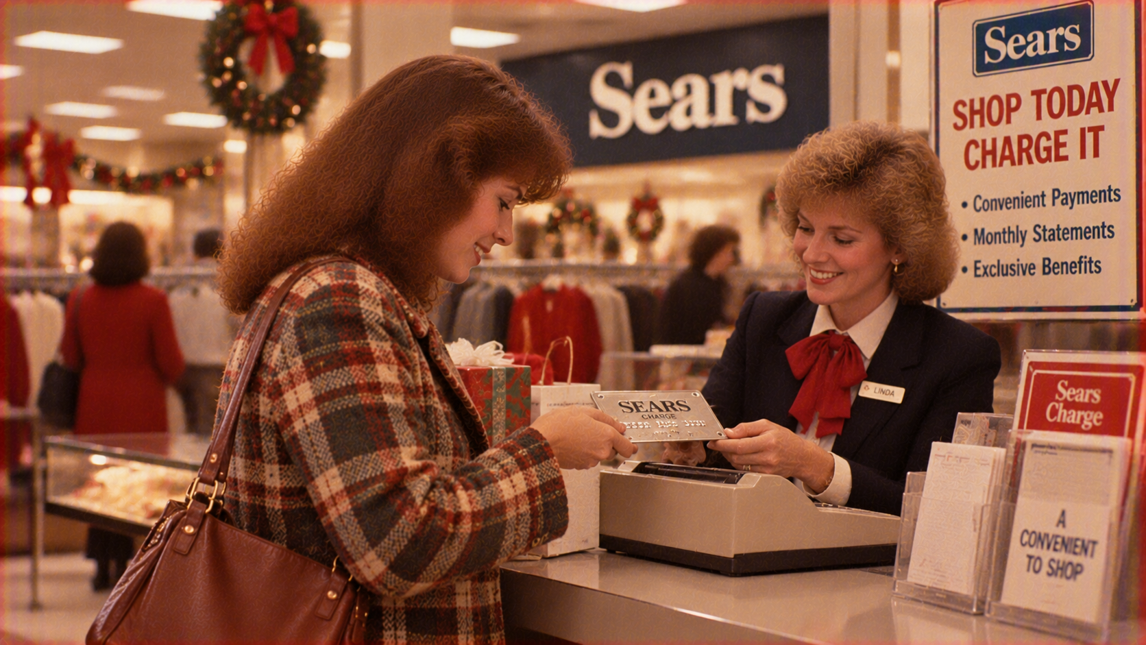 A Sears employee behind a counter processes a transaction for a customer using a metal Sears charge plate.