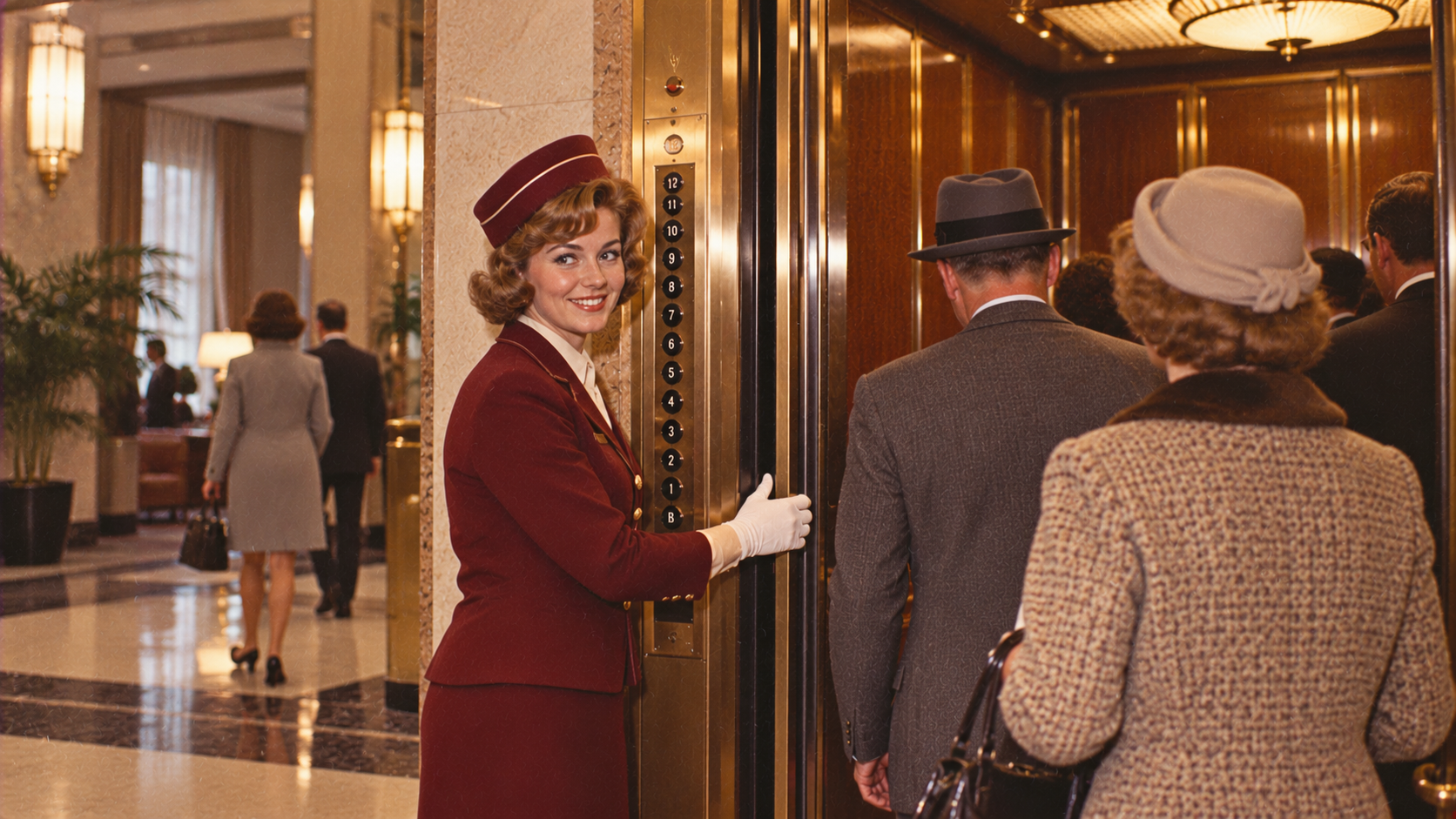 A smiling elevator operator in a maroon uniform holds an elevator door open as people dressed in vintage 1950s clothing enter the ornate hotel lobby elevator.