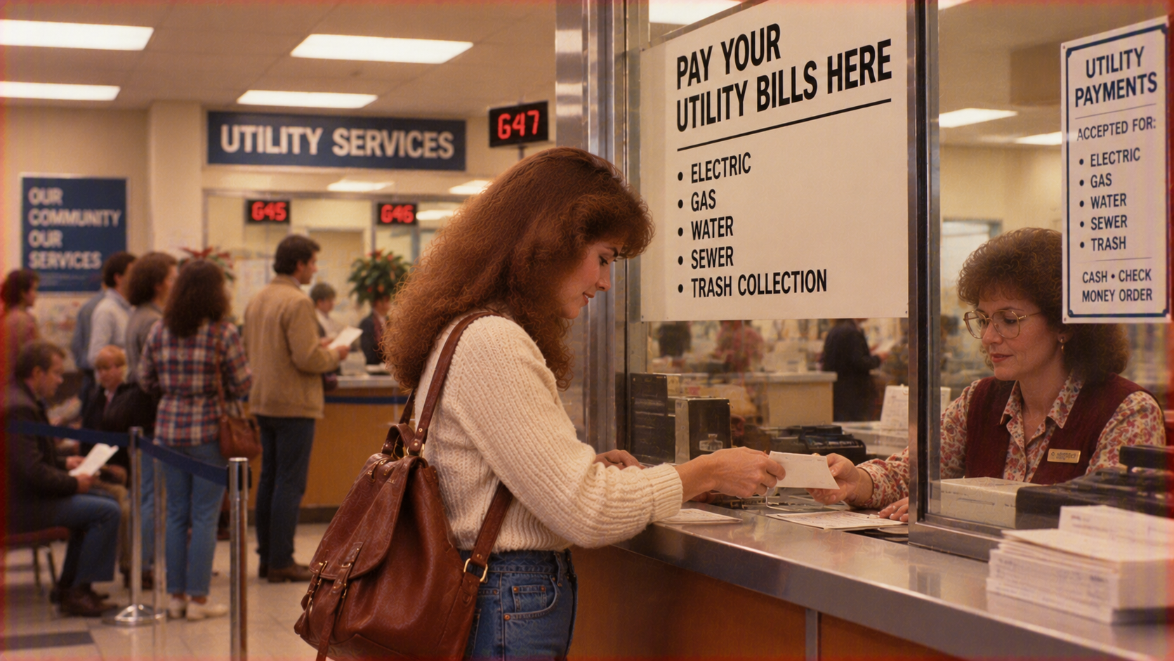 A customer at a utility service counter hands a payment to a clerk, with a sign above the window listing bill types for electric, gas, water, sewer, and trash collection.