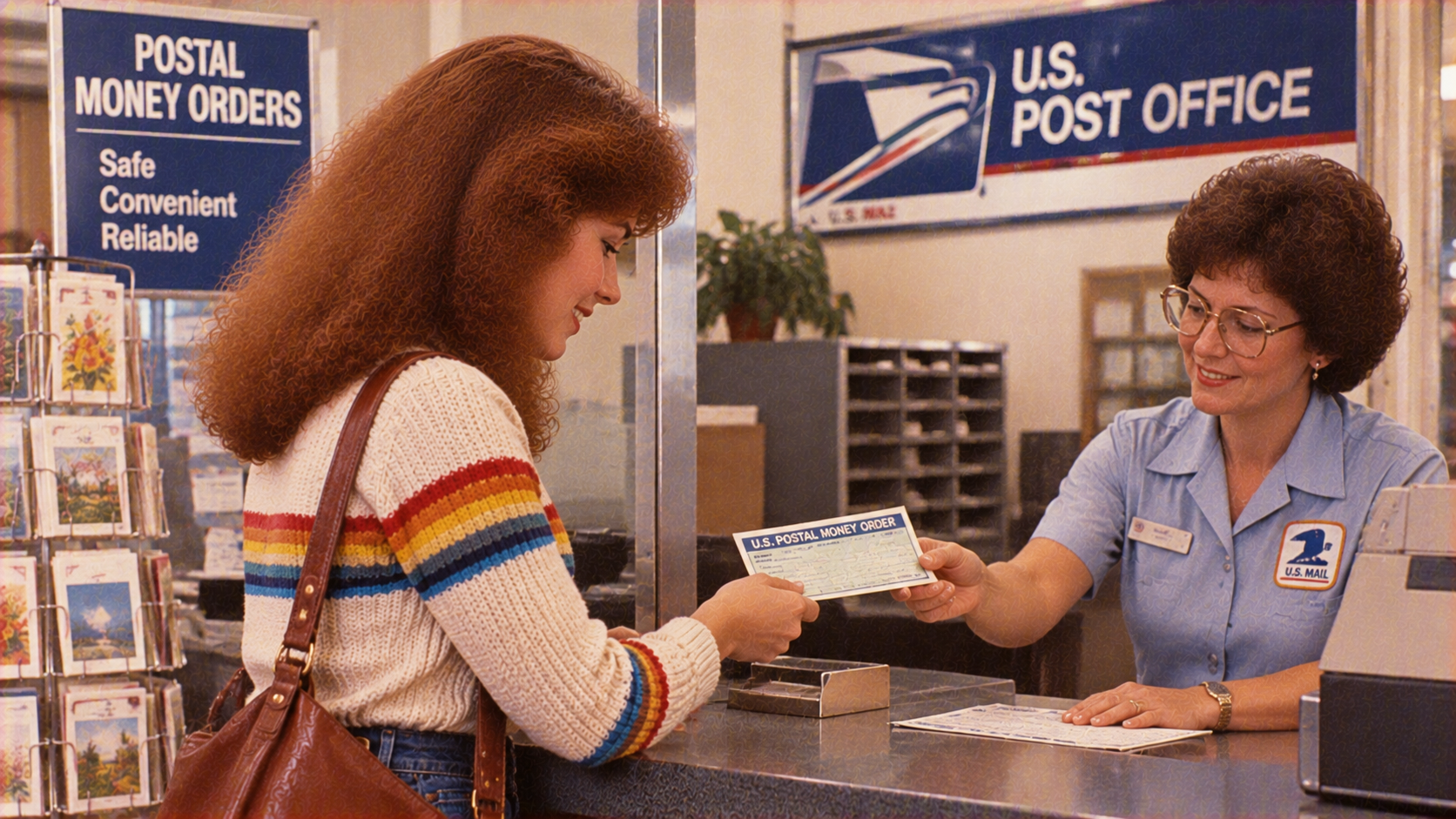 A postal worker hands a U.S. Postal Money Order to a customer at a post office counter.