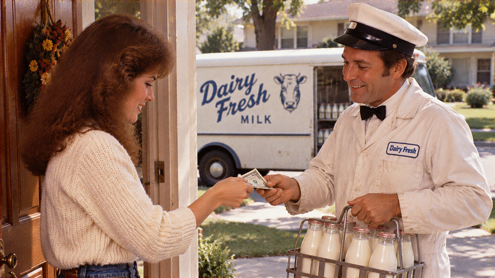 A woman hands a dollar bill to a Dairy Fresh milkman holding a crate of glass milk bottles at her doorway.