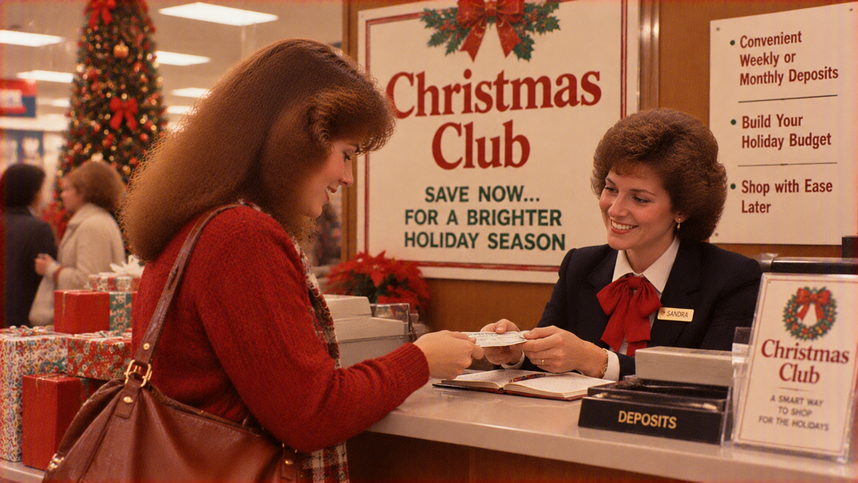 A bank teller in a navy blazer helping a customer at a counter in front of a Christmas Club sign.