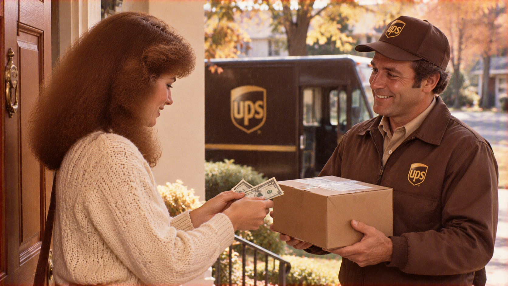 A UPS delivery driver in uniform hands a cardboard package to a woman at her front door as she hands him cash.