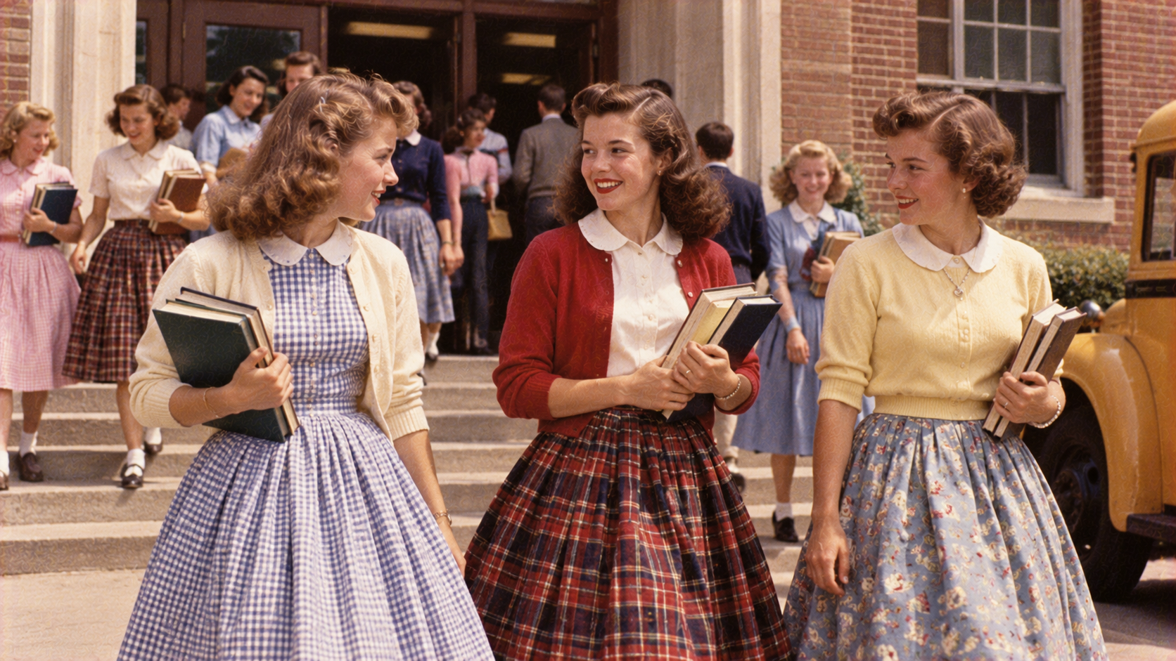 Three young women in 1950s-style skirts, blouses, and cardigans walk and talk together in front of a school building while carrying books.