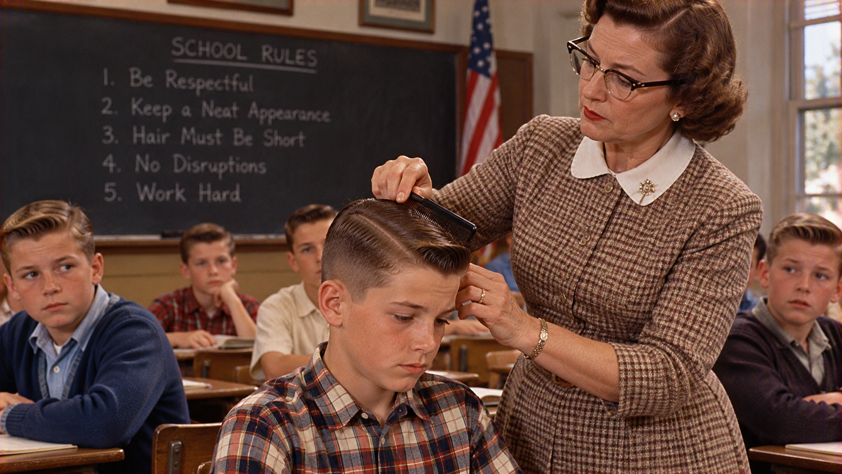 A teacher in a classroom combs a young boy’s hair while other students sit at their desks in front of a chalkboard listing school rules.