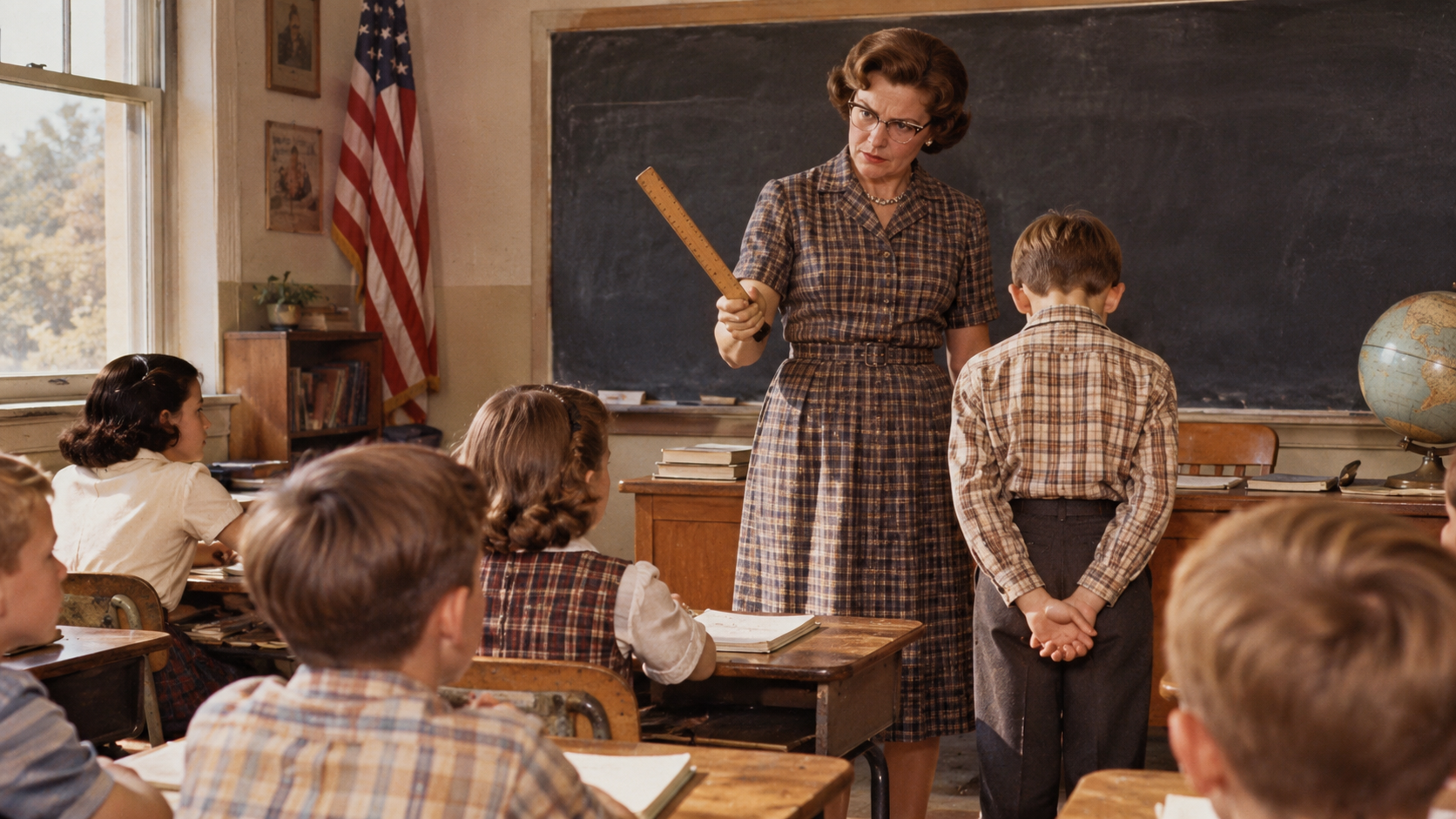 A teacher standing at the front of a classroom holds a wooden ruler while facing a young boy who stands before her with his head bowed.