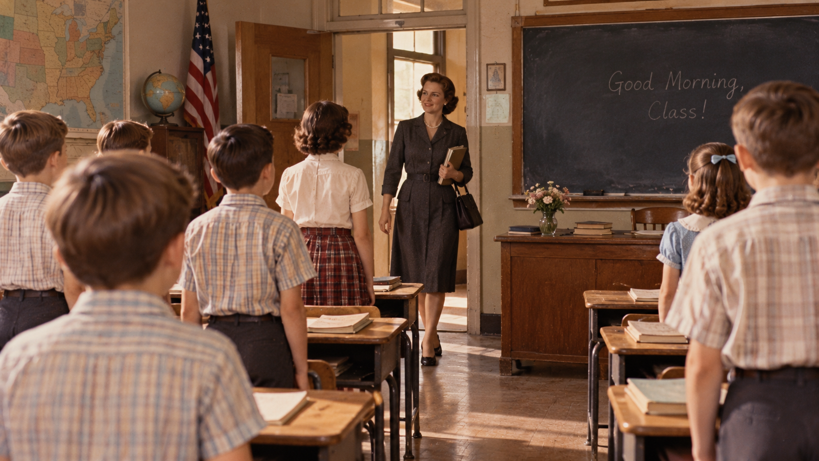 A teacher stands in the doorway of a classroom as students stand at their desks, with “Good Morning, Class!” written on the chalkboard.