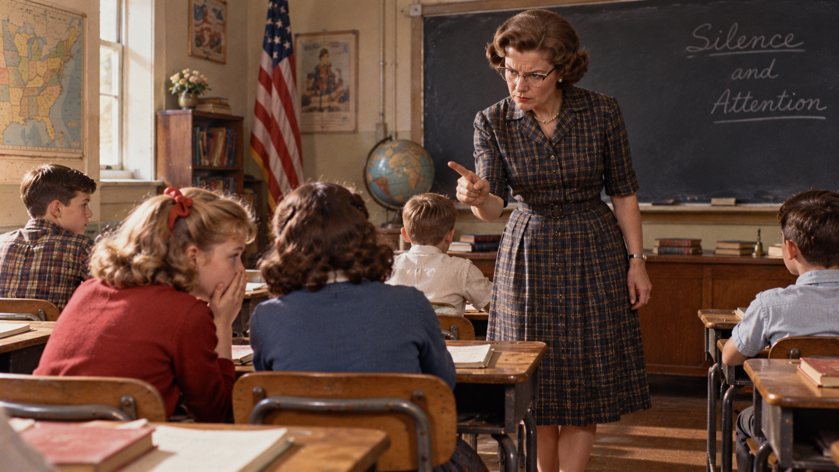 A stern female teacher points a finger at a student in a classroom where “Silence and Attention” is written on the blackboard.