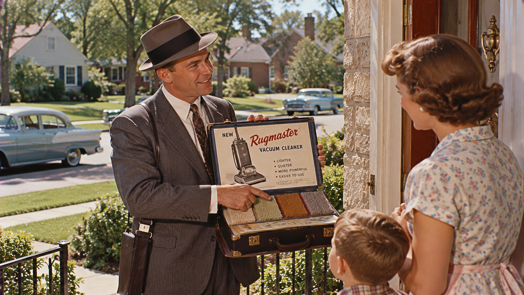 A smiling salesman shows a mother and child a Rugmaster vacuum cleaner set outside their suburban home, displaying fabric samples and a product sign from his open case.