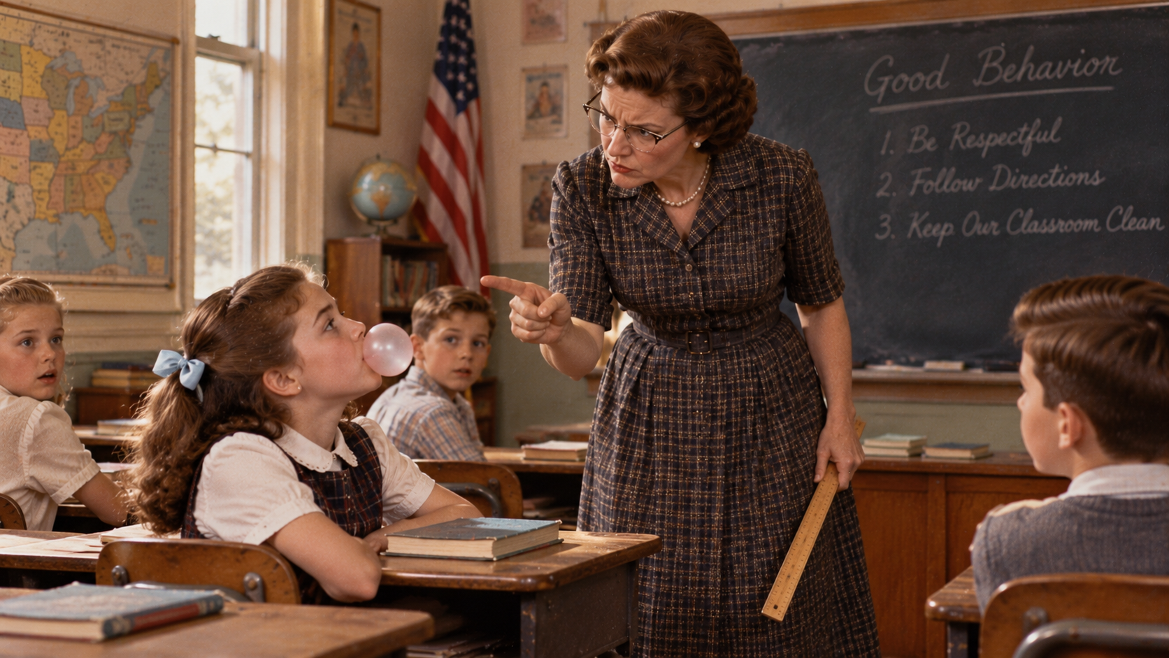 A stern teacher points her finger at a young girl blowing a bubble with gum in a mid-century classroom.