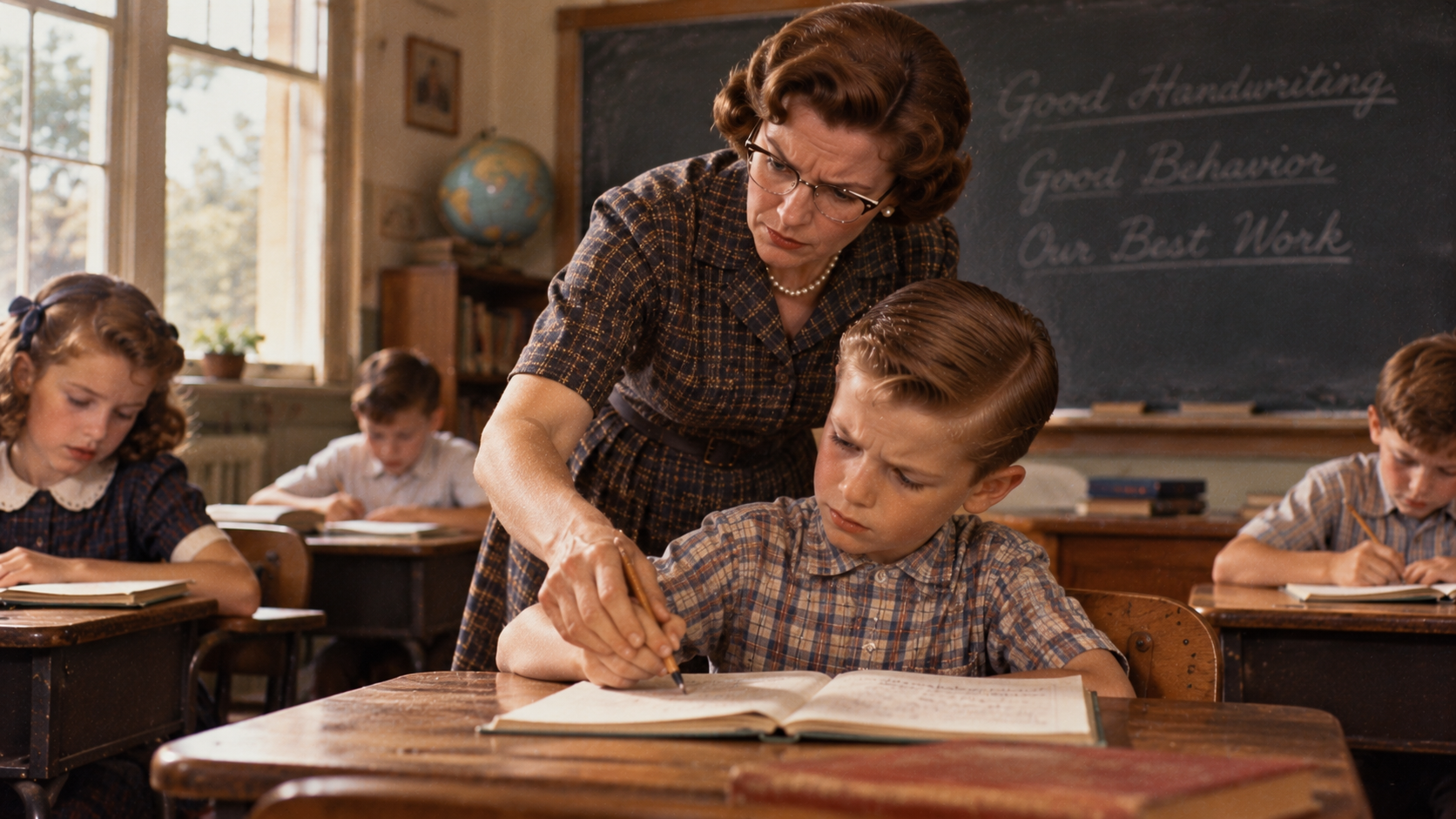 A teacher in a plaid dress leans over a student’s desk to guide his handwriting in a workbook, with other children studying at their desks in a 1950s-style classroom.