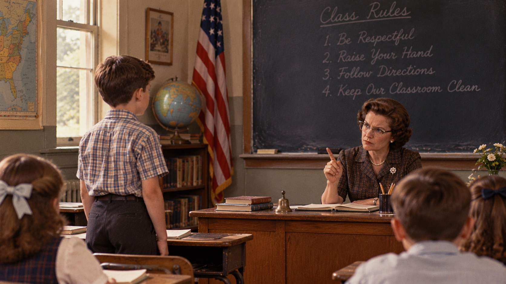 A teacher at her desk points a finger while speaking to a young boy standing in front of the classroom, with class rules written on a chalkboard behind them.