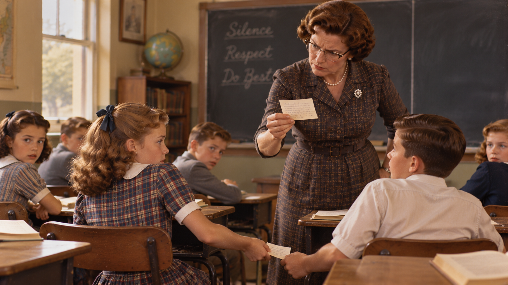 A teacher in a plaid dress stands by a desk, looking sternly at a young girl passing a handwritten note to a boy in a classroom.