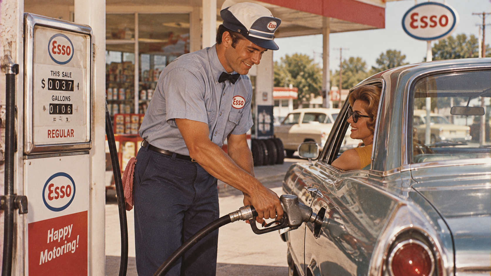 A smiling gas station attendant in uniform pumps gas into a classic car for a woman driver at an Esso station, with vintage cars and signage visible in the background.