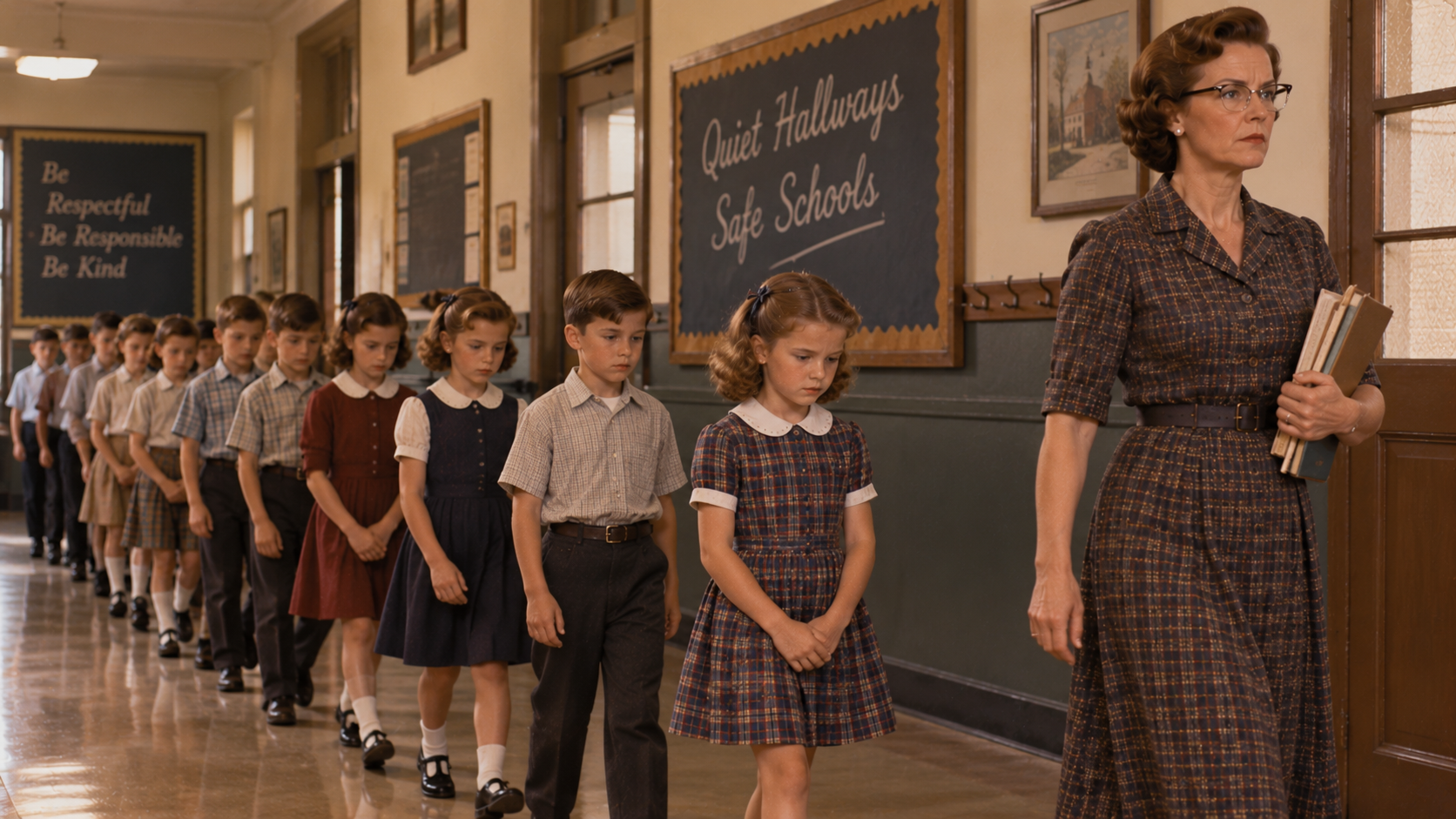 A line of school children in uniforms walking single-file down a school hallway behind a stern teacher carrying books.