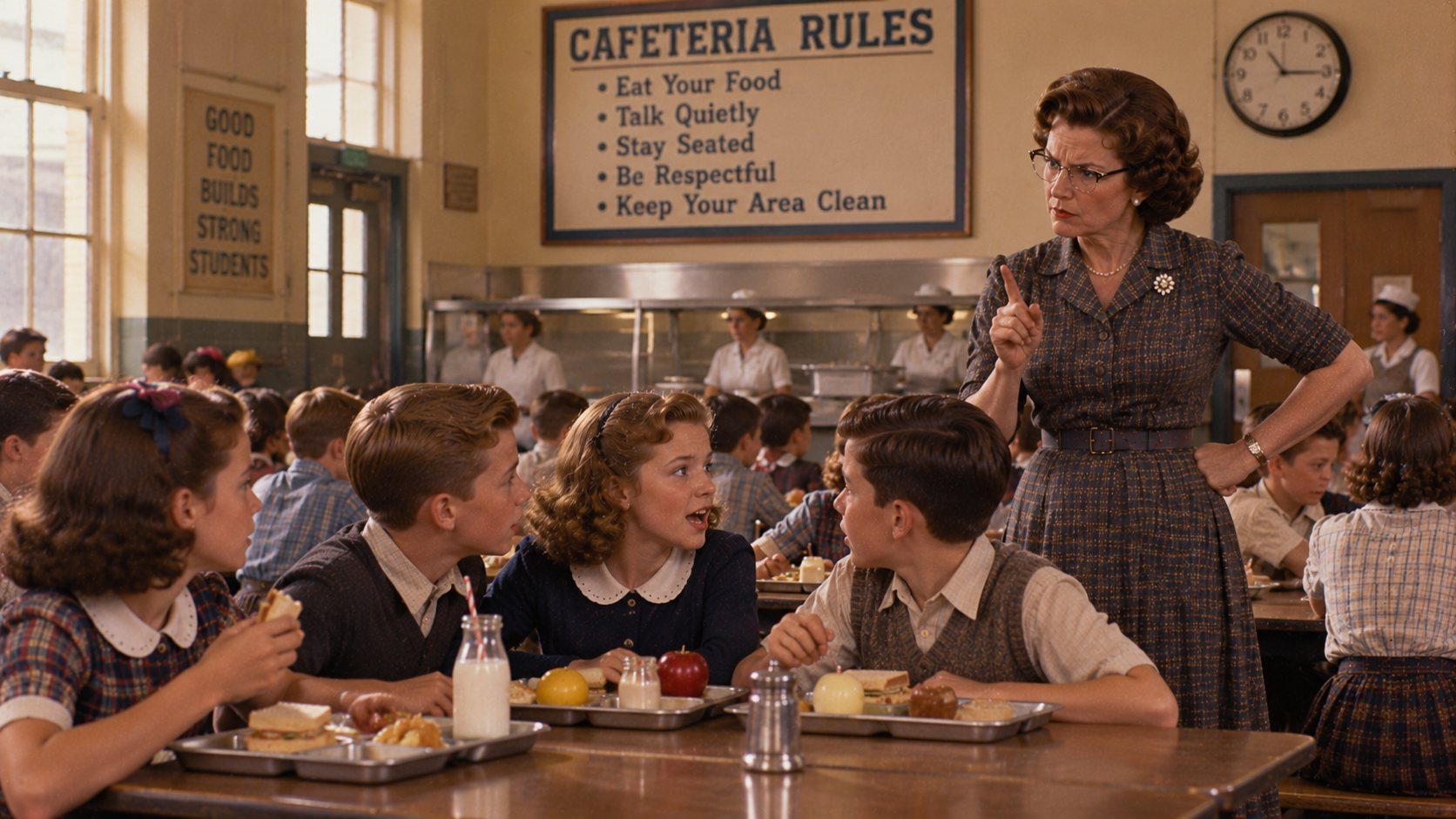 A stern woman in a plaid dress points a finger at a group of students seated at a cafeteria table below a sign listing cafeteria rules.