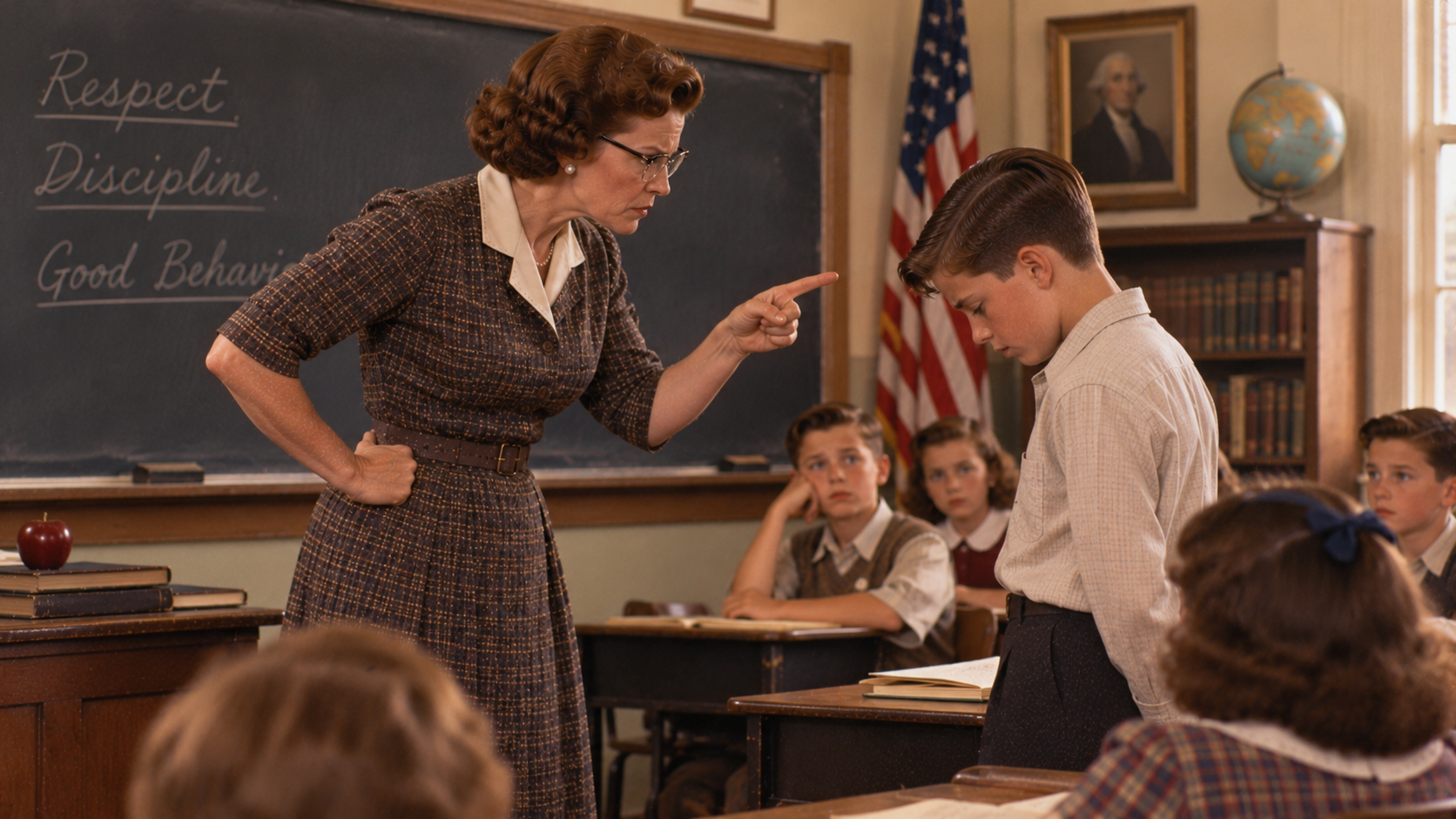 A stern teacher pointing her finger at a young boy standing in front of his classroom desk.