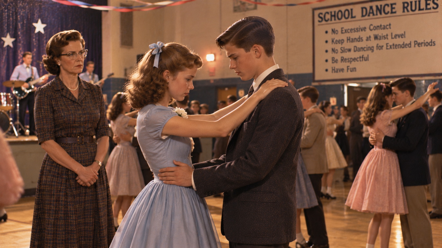A teenage couple dances in a gymnasium while a chaperone watches them, with a sign on the wall listing school dance rules.