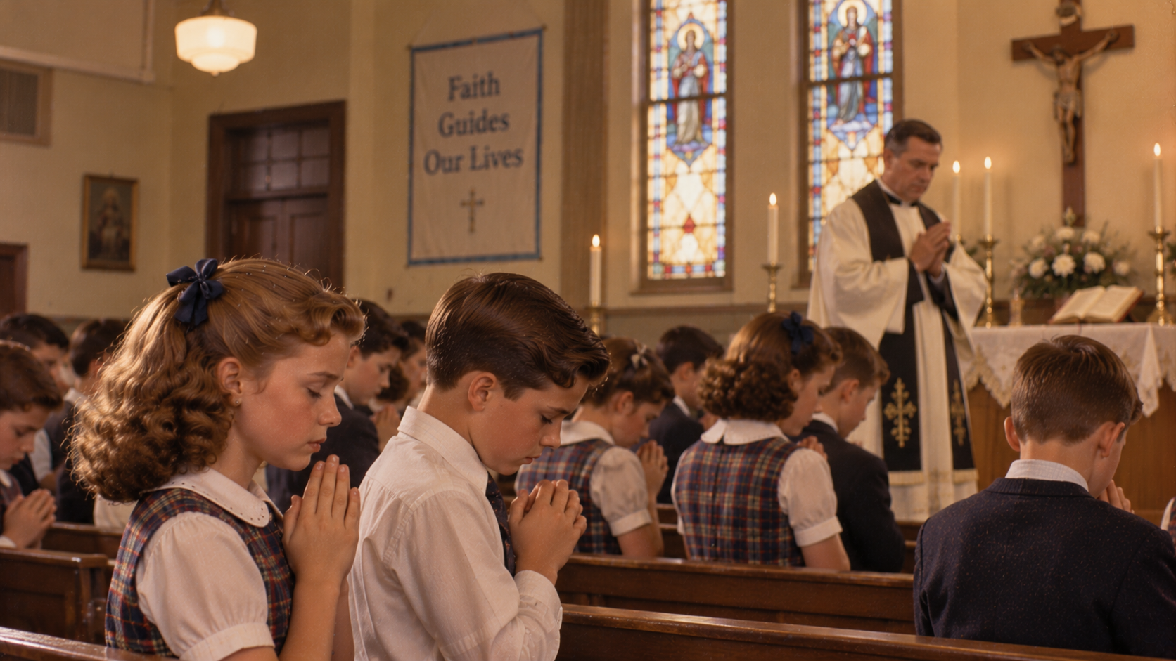 Students in plaid uniforms and white shirts pray in a church pew while a priest stands at the altar in the background.