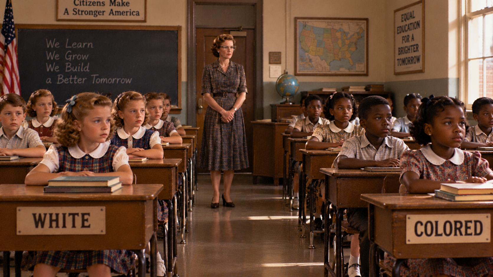 A teacher stands at the front of a racially segregated classroom with students sitting at wooden desks, each labeled “White” or “Colored.”