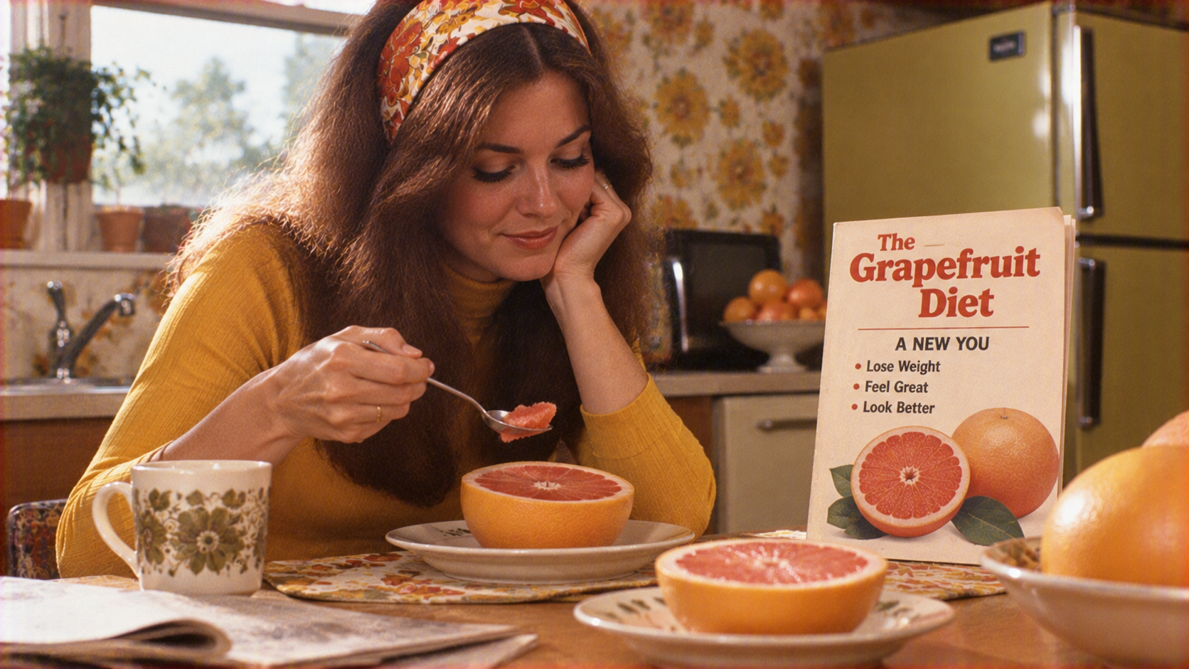 A woman eating half a grapefruit at a kitchen table next to a booklet titled “The Grapefruit Diet.”