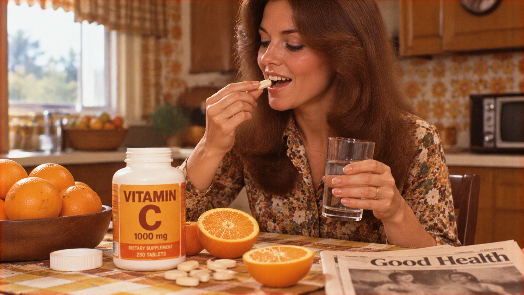 A woman at a kitchen table takes a vitamin C tablet while holding a glass of water next to a bottle of Vitamin C supplements and bowls of oranges.