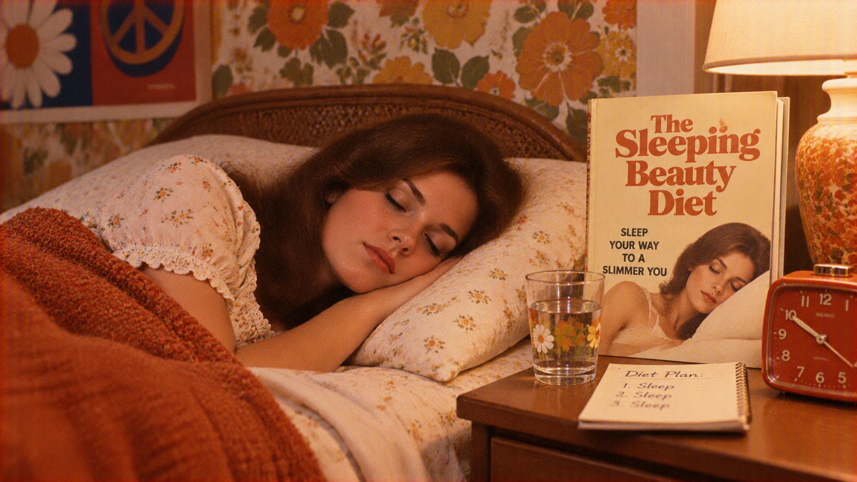 A woman sleeps in bed next to a book titled “The Sleeping Beauty Diet,” a glass of water, and a notepad labeled “Diet Plan” that lists sleep as the only steps.