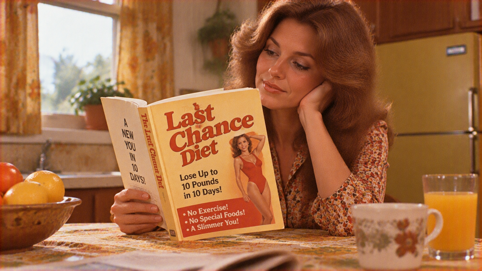 A woman in a floral blouse reads a copy of “The Last Chance Diet” book at a kitchen table.