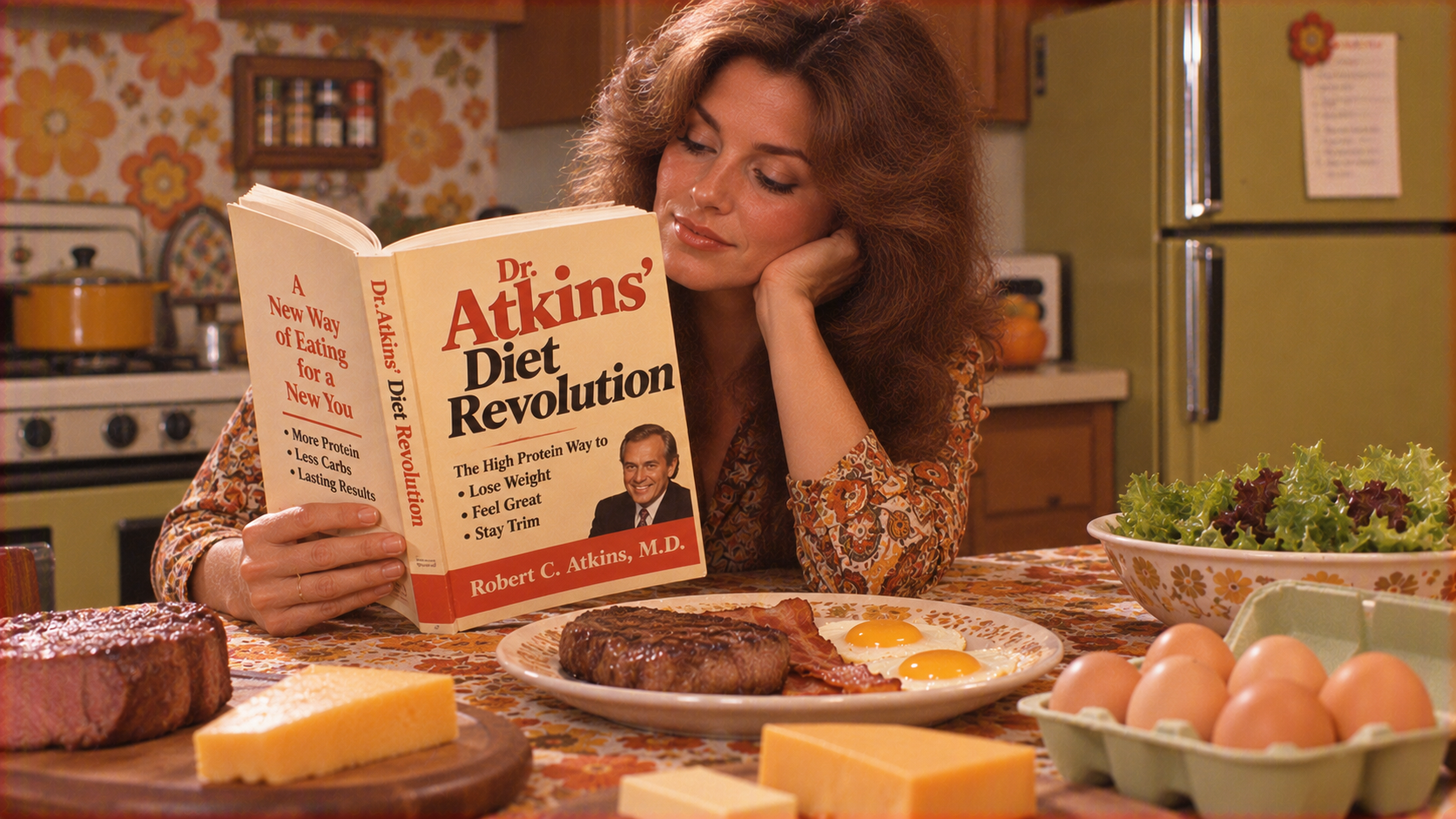 A woman at a kitchen table reads the book “Dr. Atkins’ Diet Revolution” next to a meal of steak, bacon, eggs, and cheese.
