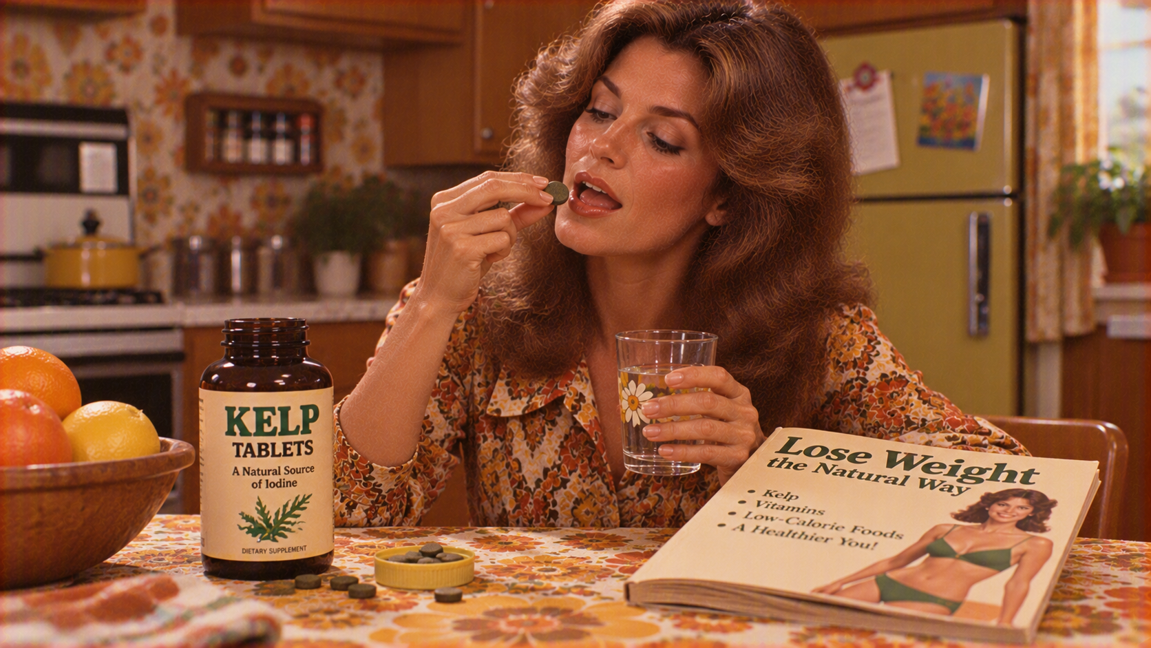 A woman sits at a table in a vintage-style kitchen, holding a kelp tablet to her mouth with a glass of water nearby, next to a bottle of kelp tablets and a book titled “Lose Weight the Natural Way.”