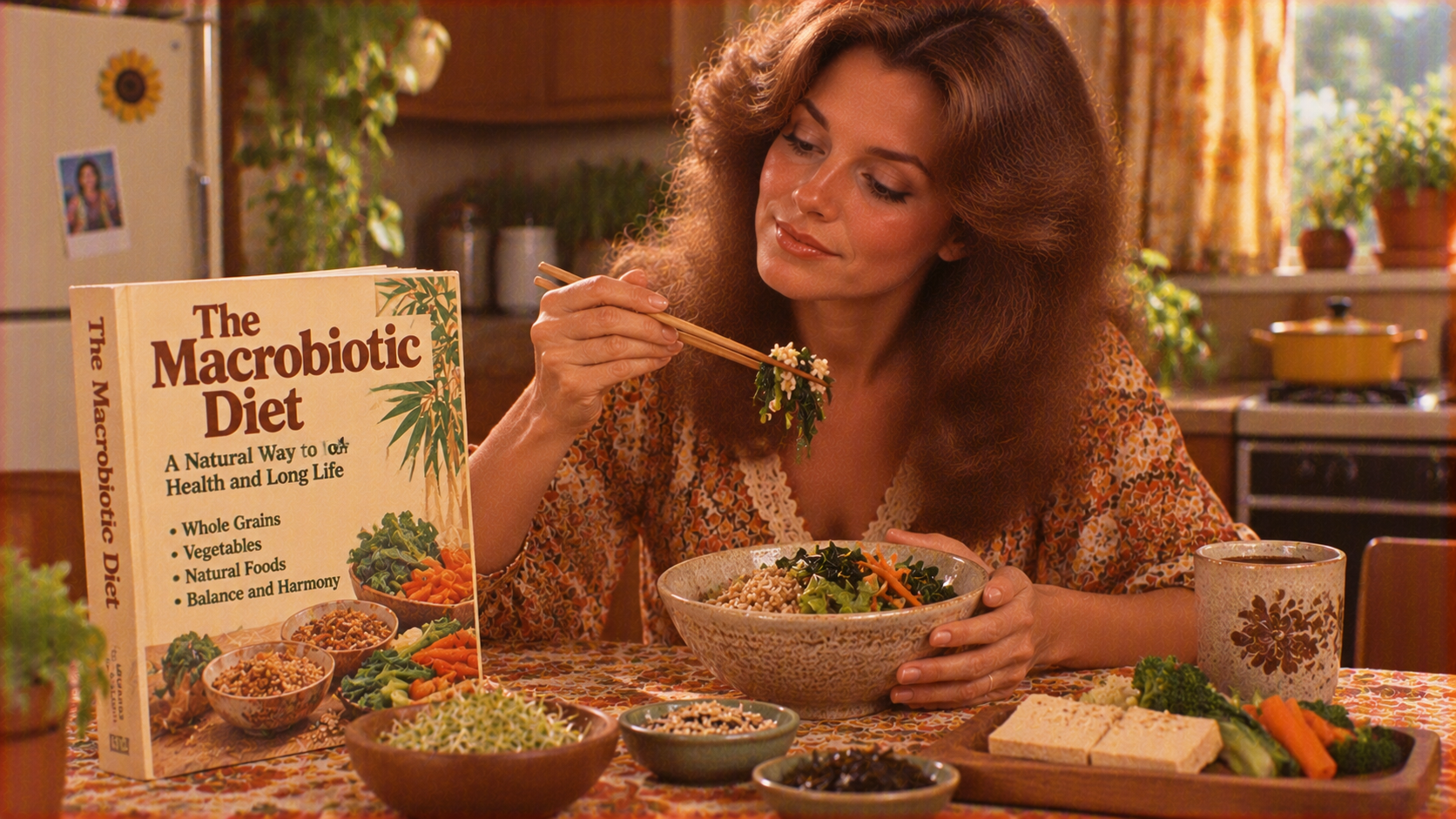 A woman in a floral blouse eats from a bowl of vegetables and grains with chopsticks, sitting next to a book titled “The Macrobiotic Diet.”