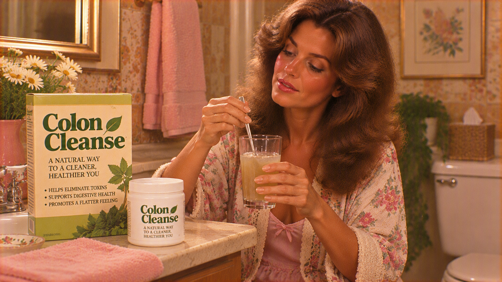 A woman in a floral robe stirs a glass of Colon Cleanse fiber drink in a bathroom next to the product packaging.