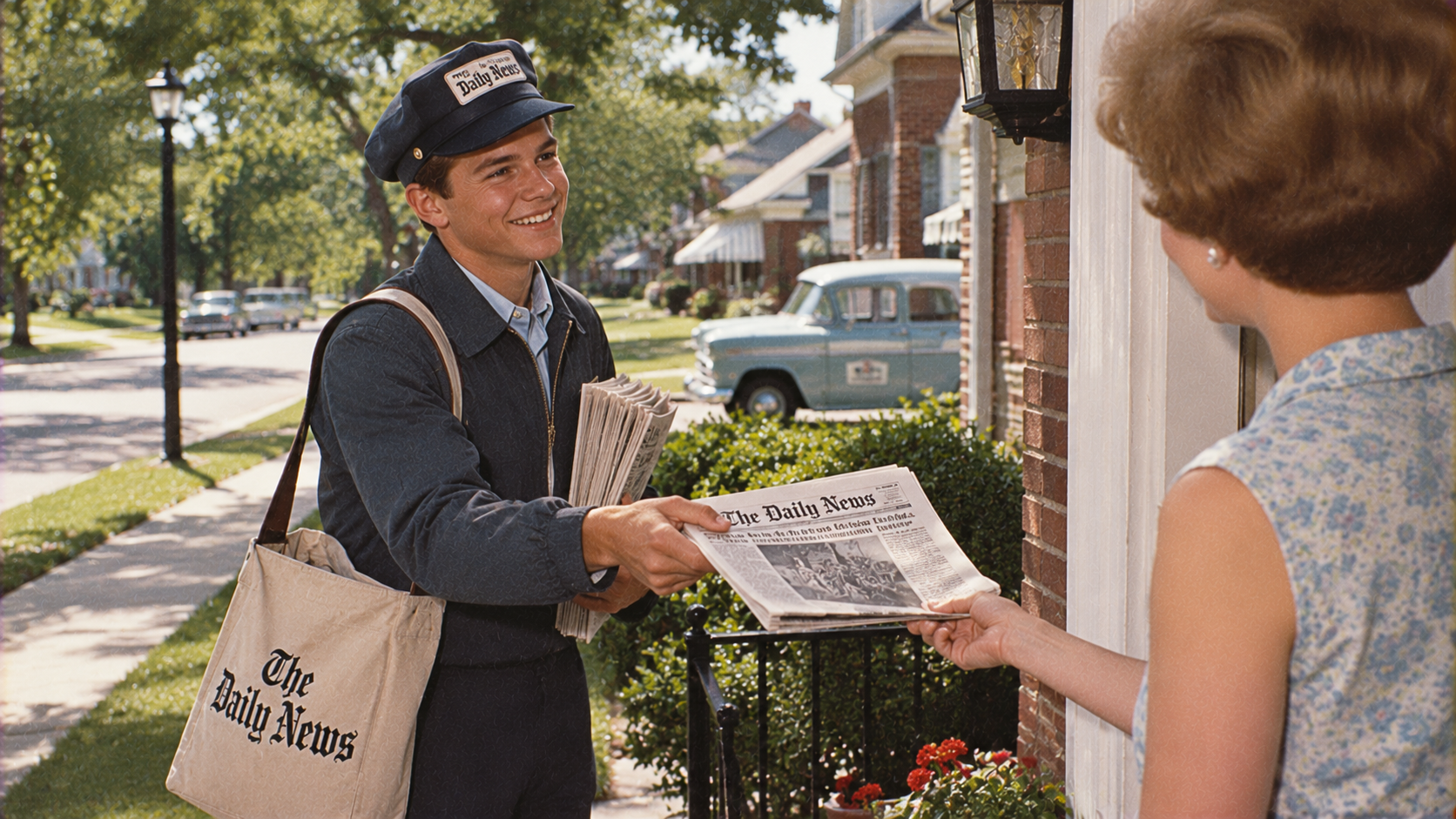 A smiling paperboy in uniform hands a newspaper to a woman at her door. He carries a “The Daily News” bag, with houses and a vintage truck visible in the background.