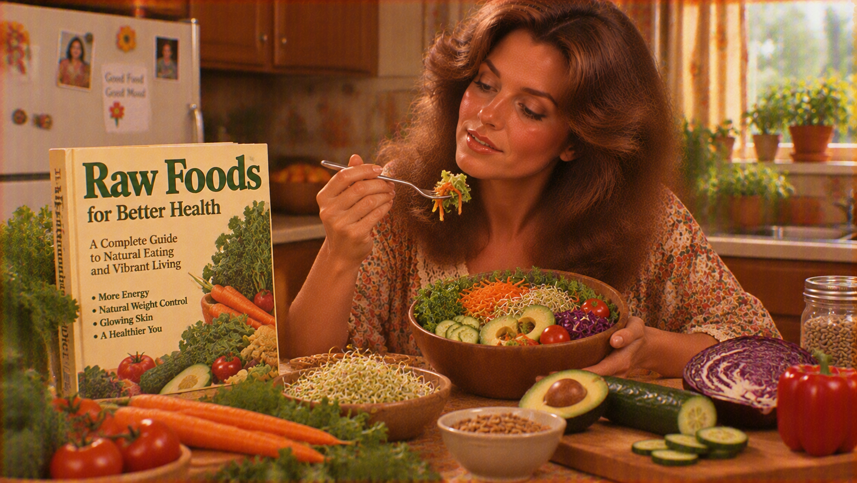 A woman sits at a table eating a salad from a wooden bowl, next to a book titled “Raw Foods for Better Health” and various fresh vegetables.