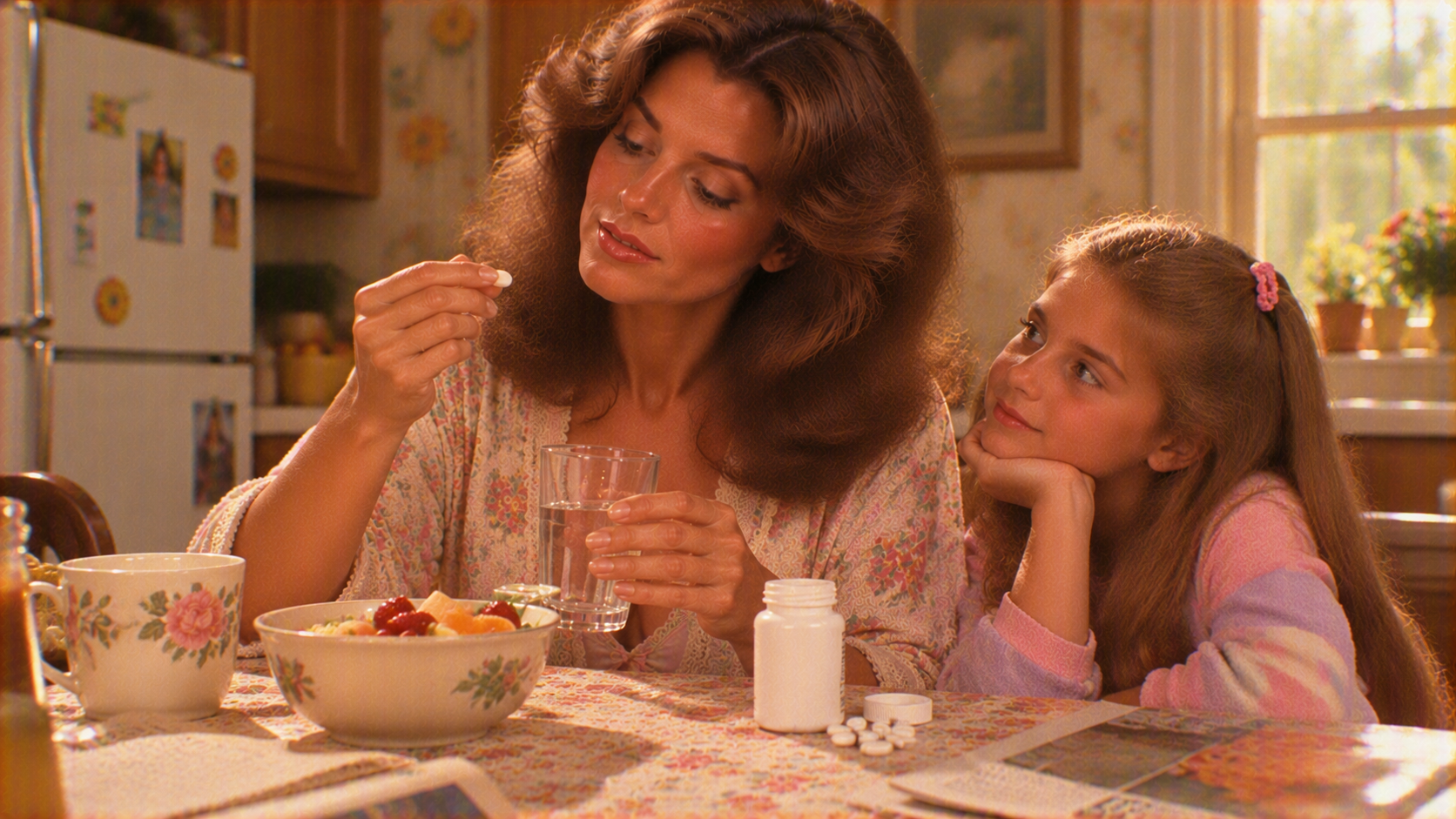 A woman at a kitchen table holds a pill over a glass of water while a young girl looks at her.