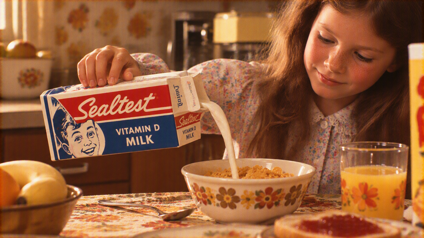 A young girl pours Sealtest Vitamin D milk from a carton into a bowl of cereal.