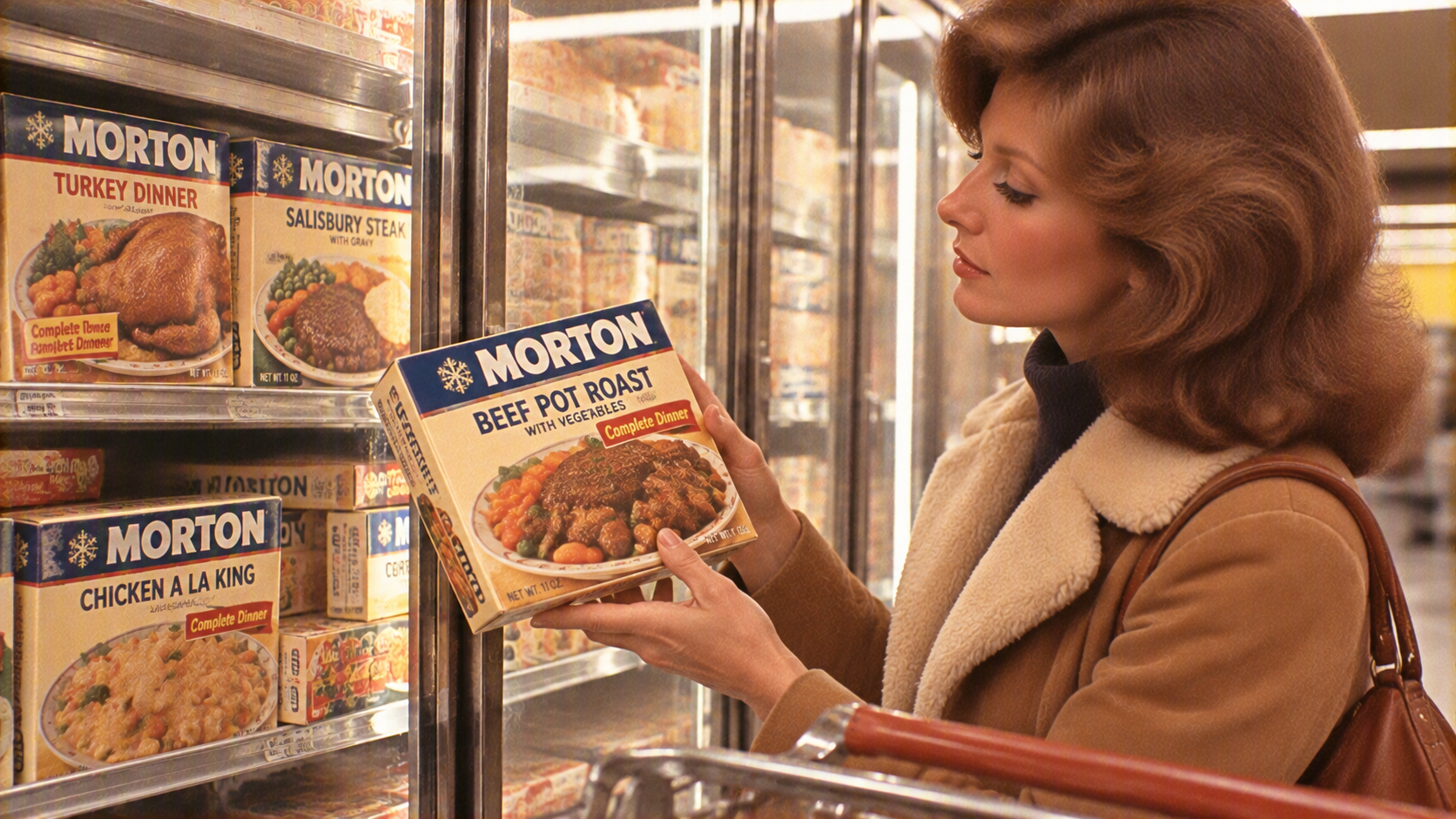 A woman in a tan coat examines a Morton beef pot roast frozen dinner in a supermarket aisle.