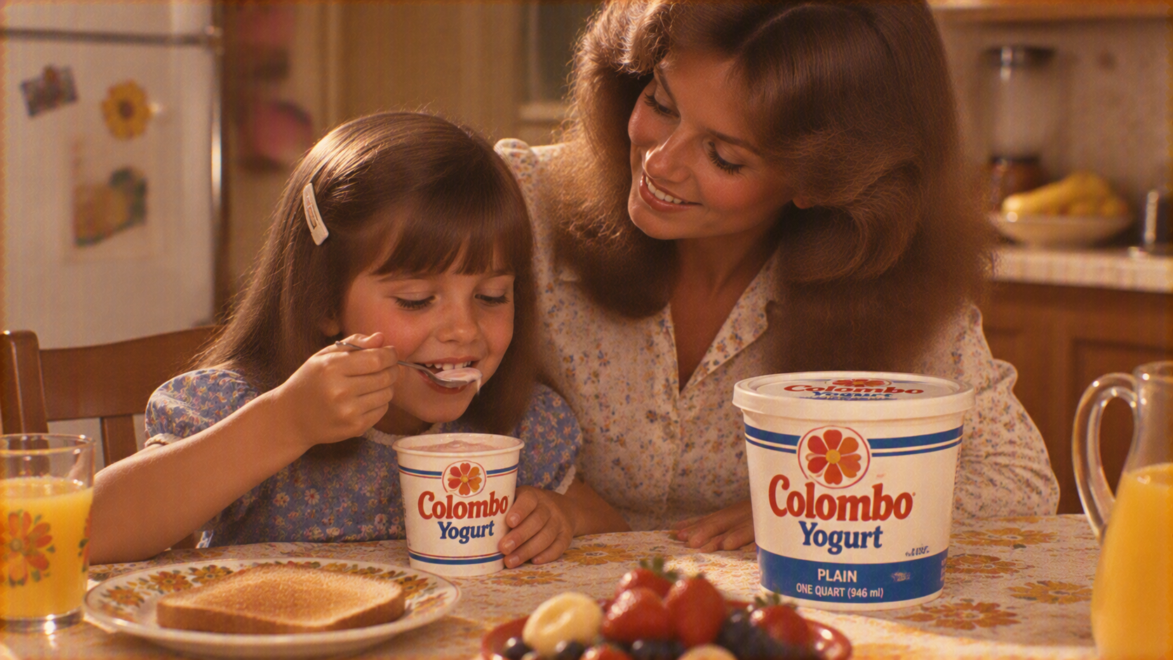 A woman watches a young girl eating Colombo yogurt at a table set with toast, fruit, and orange juice.