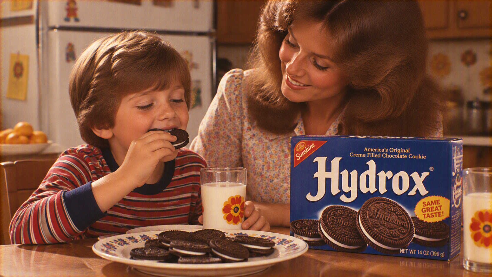 A young boy eating a chocolate sandwich cookie with a woman smiling beside him, next to a box of Hydrox cookies and a glass of milk.