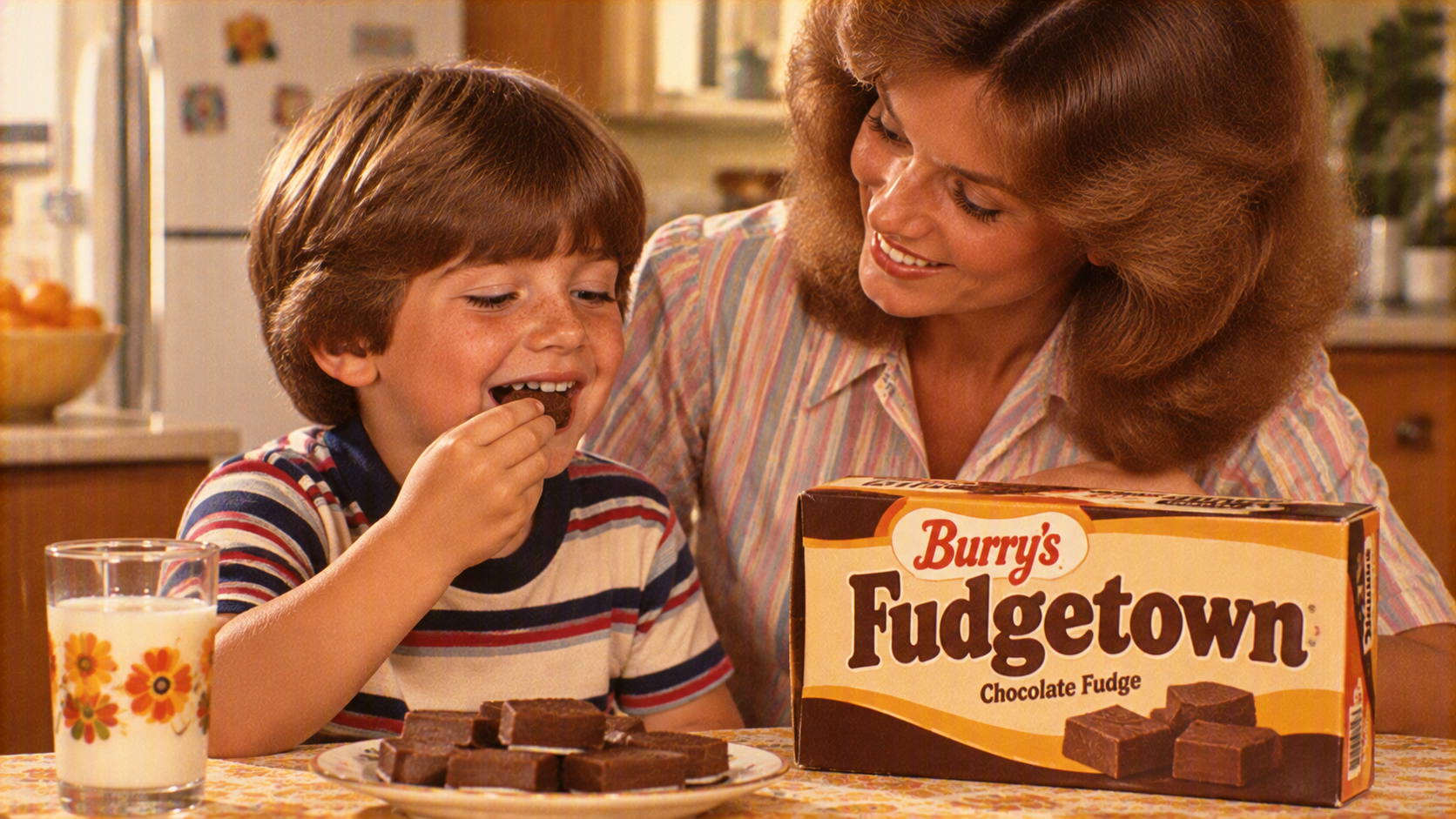 A young boy eating a chocolate cookie next to his smiling mother, with a box of Burry’s Fudgetown cookies and a glass of milk on the table.
