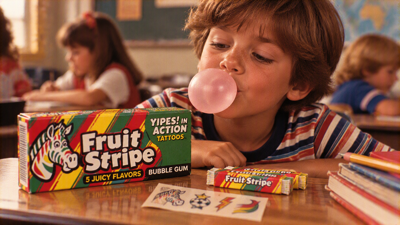A young boy blows a bubble while sitting at a school desk next to a box and individual packs of Fruit Stripe bubble gum.
