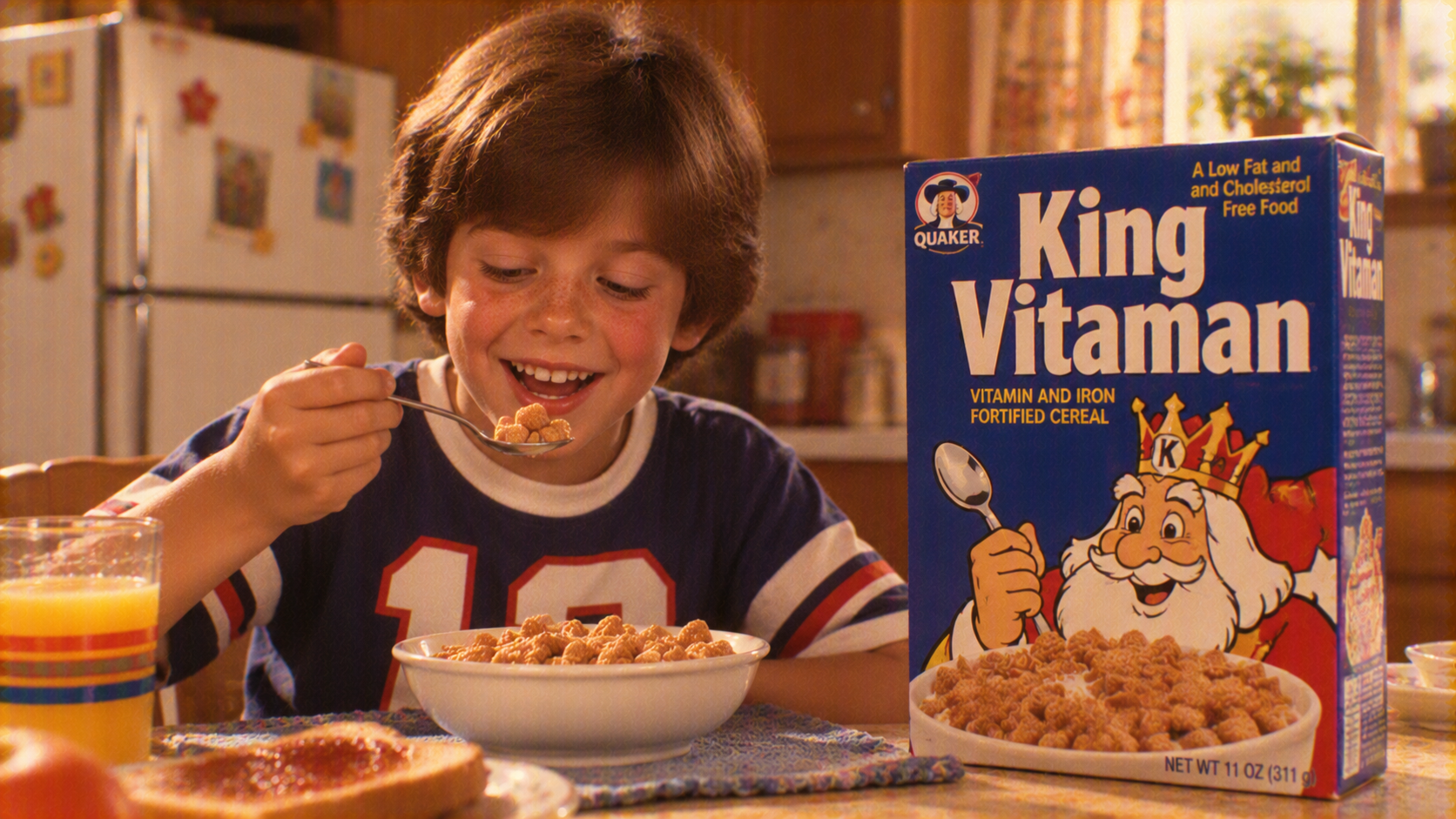 A young boy smiles as he eats a spoonful of cereal from a bowl, sitting next to a box of King Vitaman cereal.