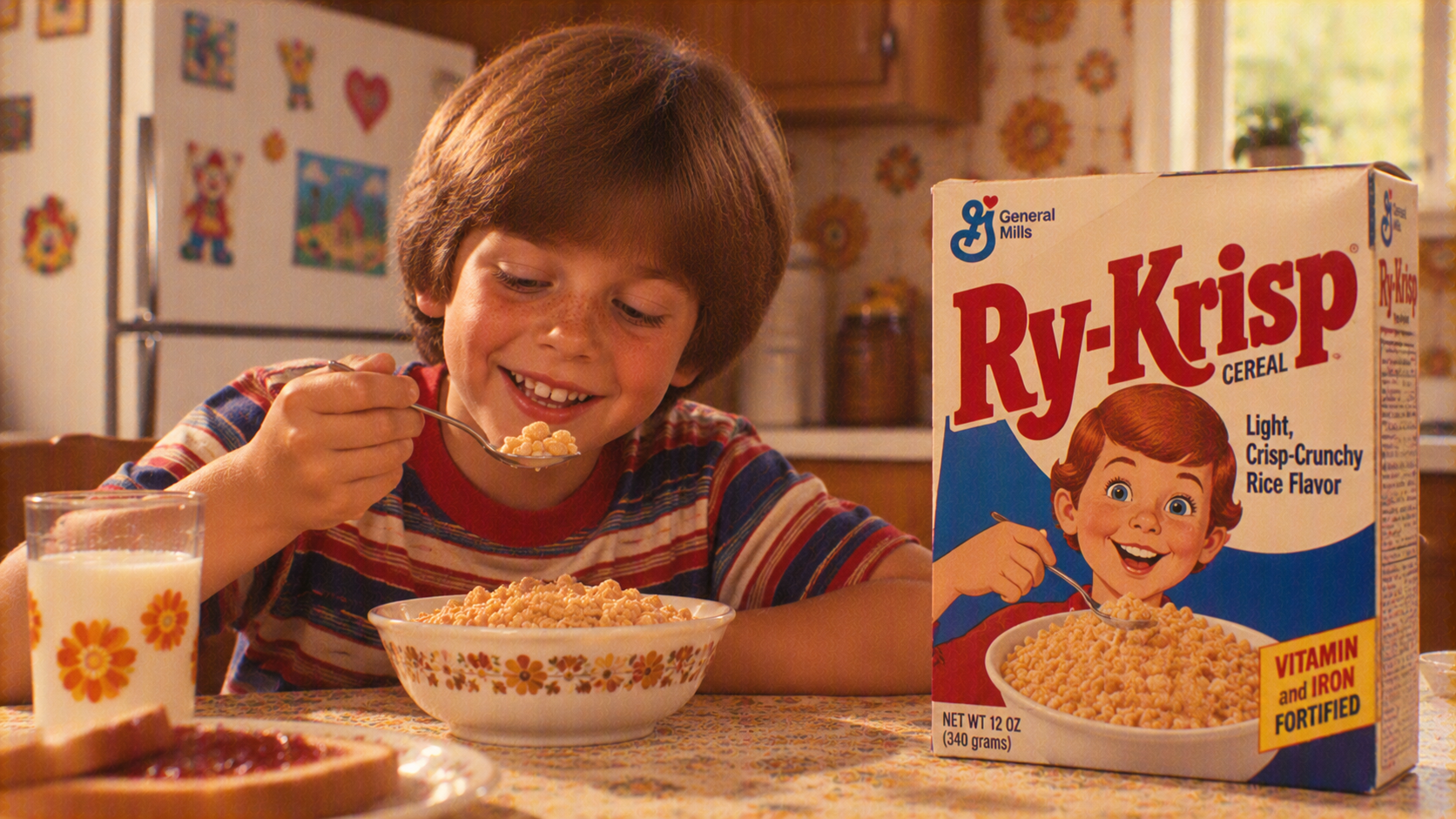 A young boy smiles as he eats a bowl of Ry-Krisp cereal next to a box of the same product at a kitchen table.