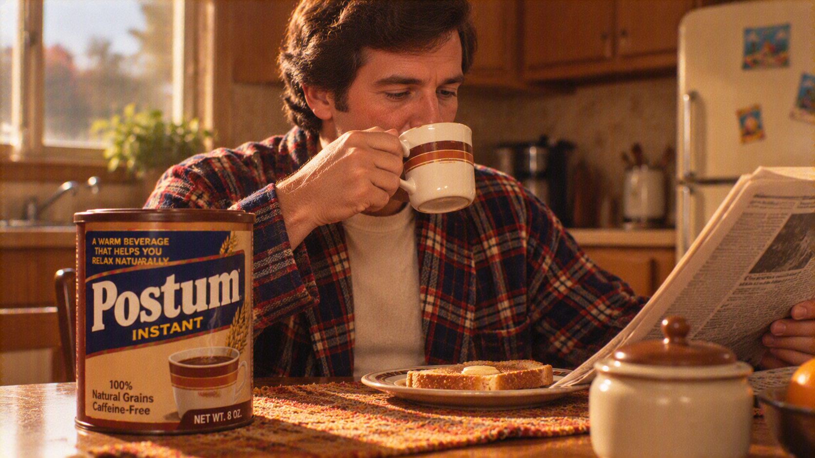 A man in a plaid robe drinks from a mug while reading a newspaper next to a container of Postum instant beverage and a plate of buttered toast.